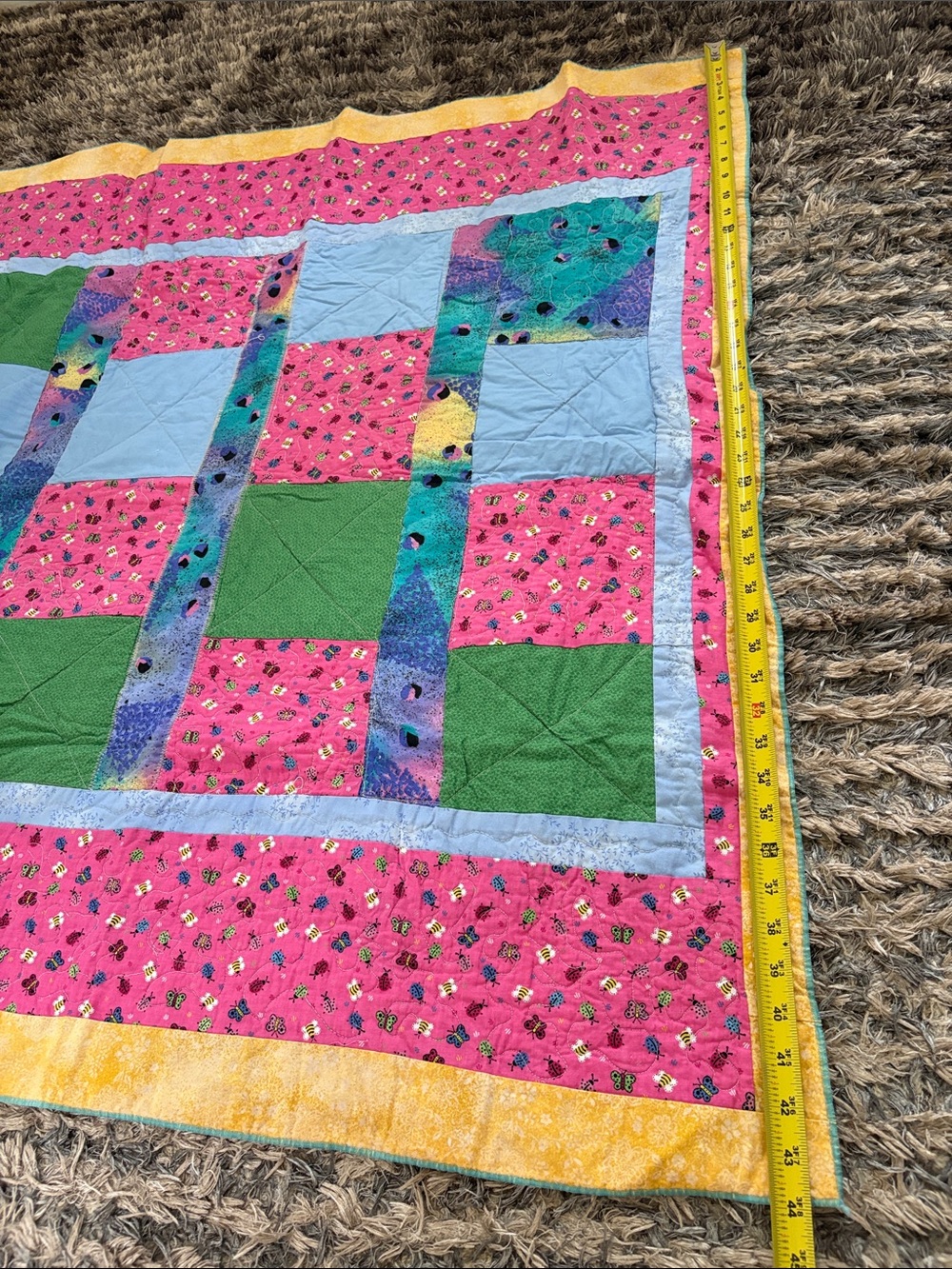 Handmade Colorful Patchwork Baby Quilt - Pink, Green, Light Blue, Yellow - Picture 2 of 6